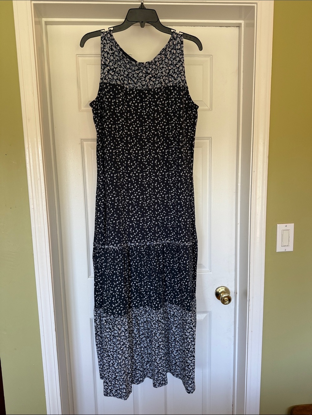J Jill Navy Blue Floral Maxi Midi Dress Sleeveless Jersey Knit Tiered Boho M - Picture 2 of 7